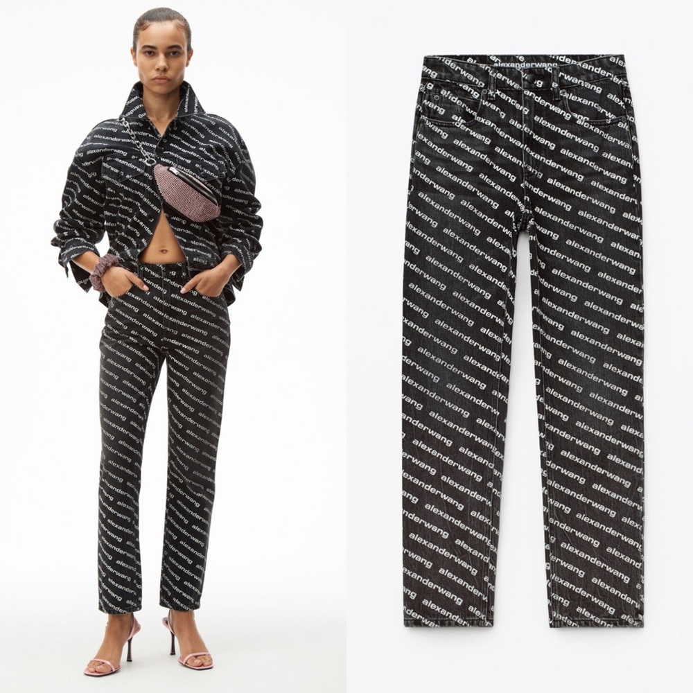 Alexander Wang High Rise Logo Jeans in Grey Aged & White Size 28